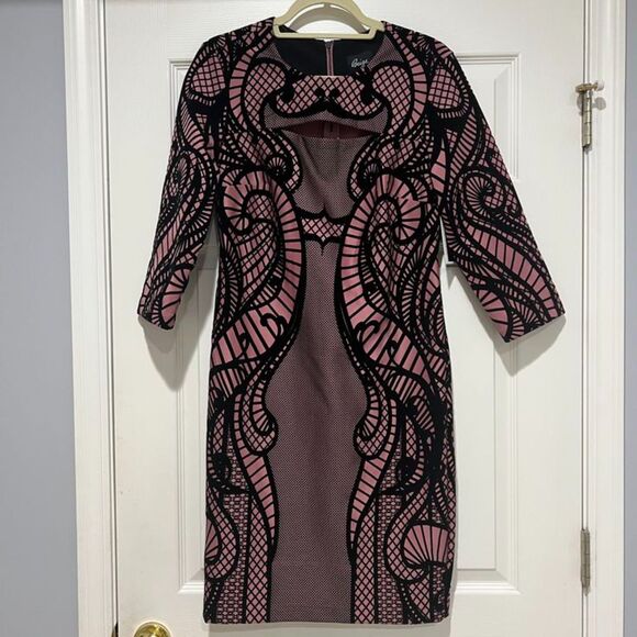 NWT Beige by ECI Mauve Pink Black Three Quarter Sleeve Sheath Dress Size 8 - Picture 8 of 11